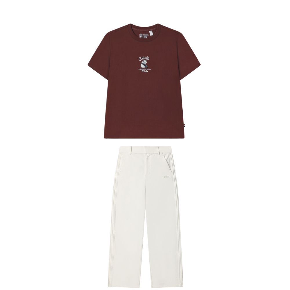 

FILA Heritage Пуловер с круглым вырезом, вязаная футболка с короткими рукавами и надписью, модный, удобный, простой, длинные брюки, повседневный комплект F11W538113F-BN+F11W538806F-WT S