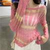 Rainbow Stripe Thin Sun Protection Cover-up Women's Spring Spicy Girl Designed Hollow-out Knitwear Crew Neck Top