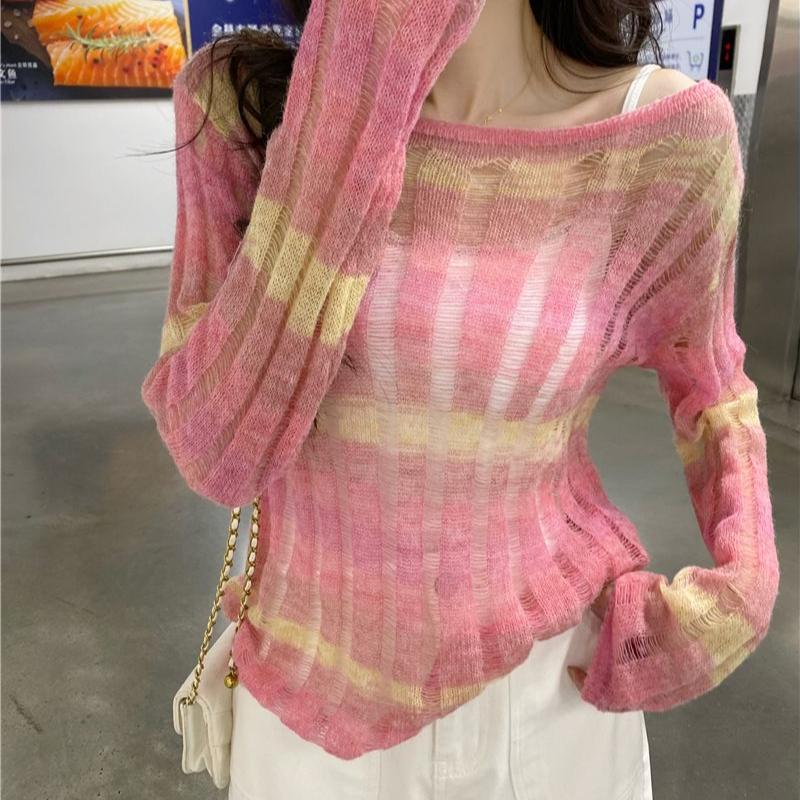 Rainbow Stripe Thin Sun Protection Cover-up Women's Spring Spicy Girl Designed Hollow-out Knitwear Crew Neck Top