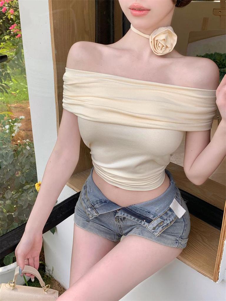 Hot Girl One-Shoulder Cinched Waist Crop Top - Trendy Summer Slim Fit Women's T-Shirt