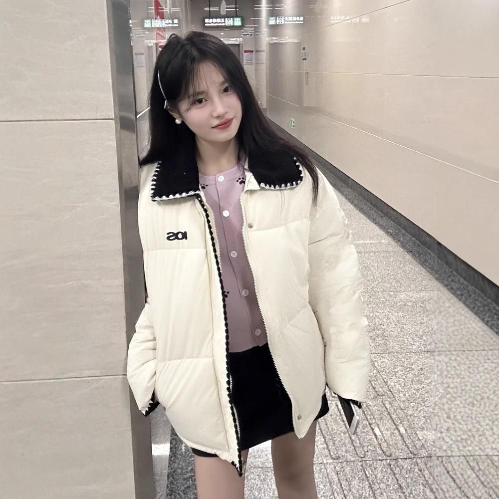 American Retro Splicing Lapel Down Cotton Clothes Women's Early Winter Coat