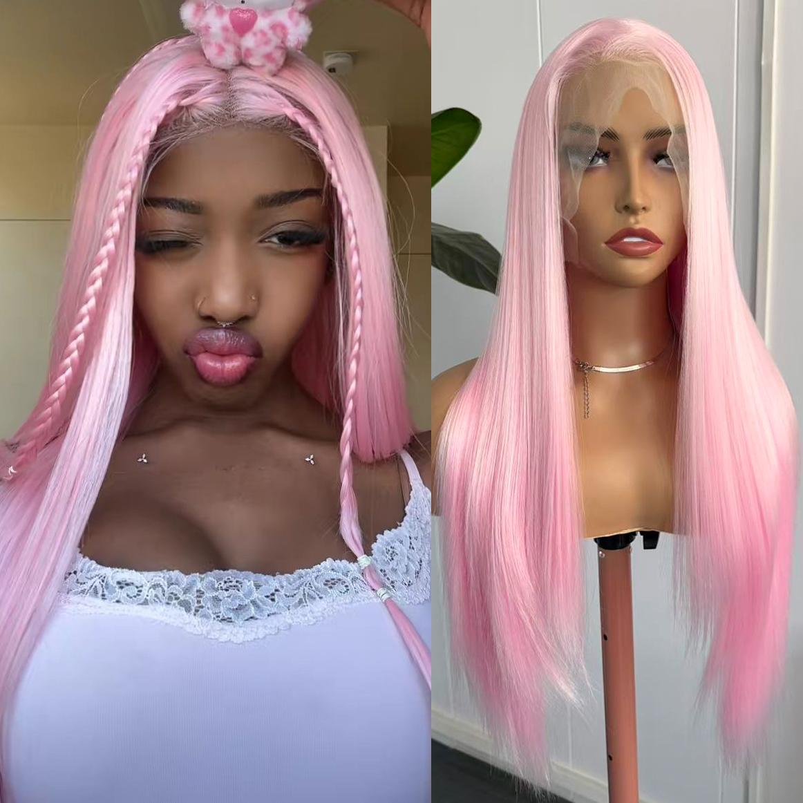 

Light Green Long Silky Straight Wig Synthetic Hair White Highlights Lace Front Wigs Heat Resistant Fiber Daily Wear Cosplay (Pink,18inches&Lace Front)