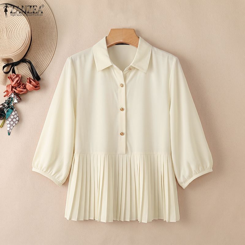 ZANZEA Women Long Sleeve Lapel Collar Pleated Peplum Hem Casual Button Down Shirt Blouse