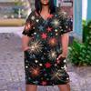 Summer Plus Size V Neck Short Sleeve Knee Pocket Gradient Print Casual Dress For Women