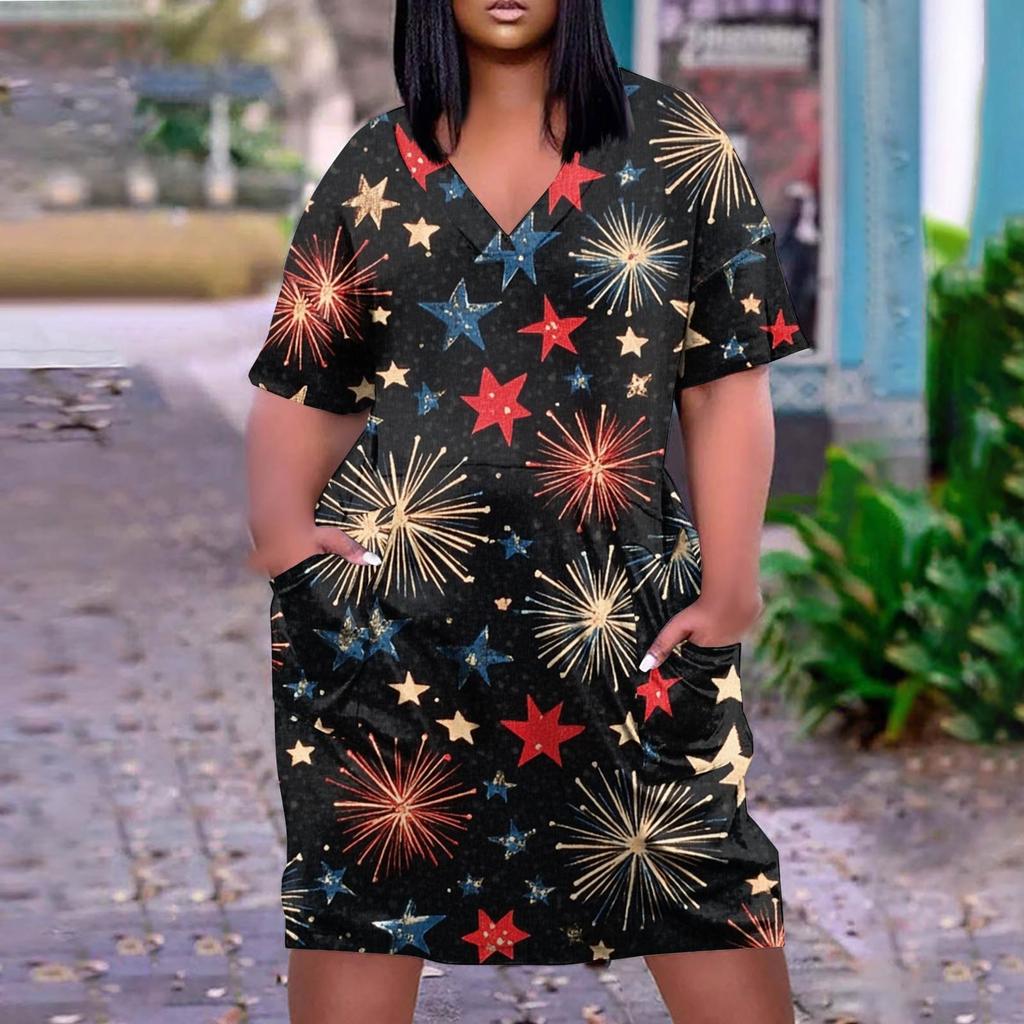 Summer Plus Size V Neck Short Sleeve Knee Pocket Gradient Print Casual Dress For Women