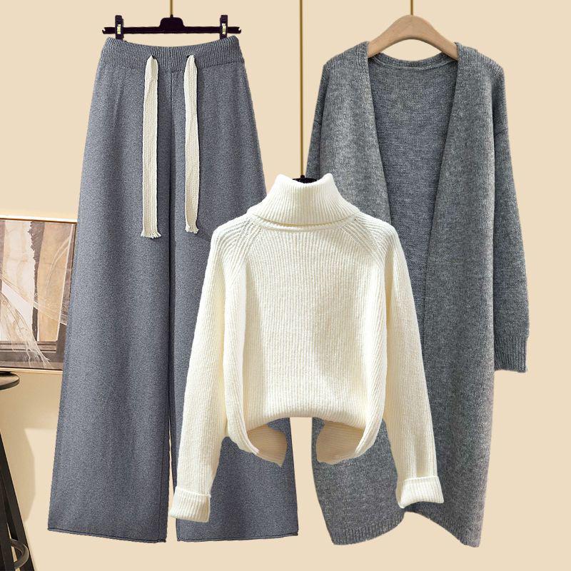 Women's Autumn 2024 Three-Piece Set: Mid-Length Cardigan Jacket, High-Neck Sweater, and Slim Wide-Leg Pants