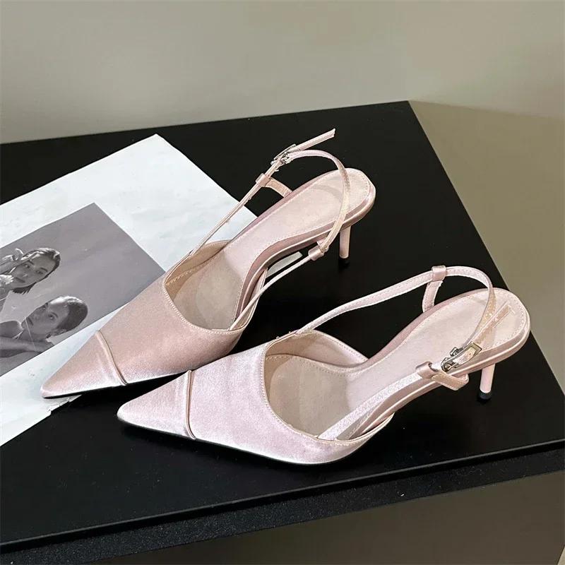 High Quality Satin Buckle Strap Women Pumps Sandals Fashion Shallow Thin Heels Pointed Toe Slingback Mules Shoes