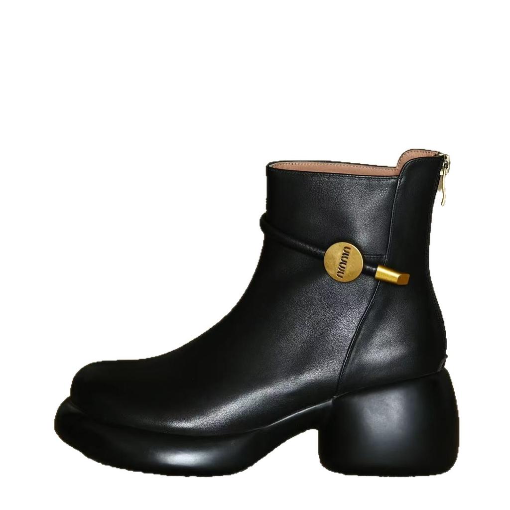 Retro soft leather medium heel boots women's 2025 autumn and winter new thick heel thick sole round head fashion boots versatile velvet leather boots