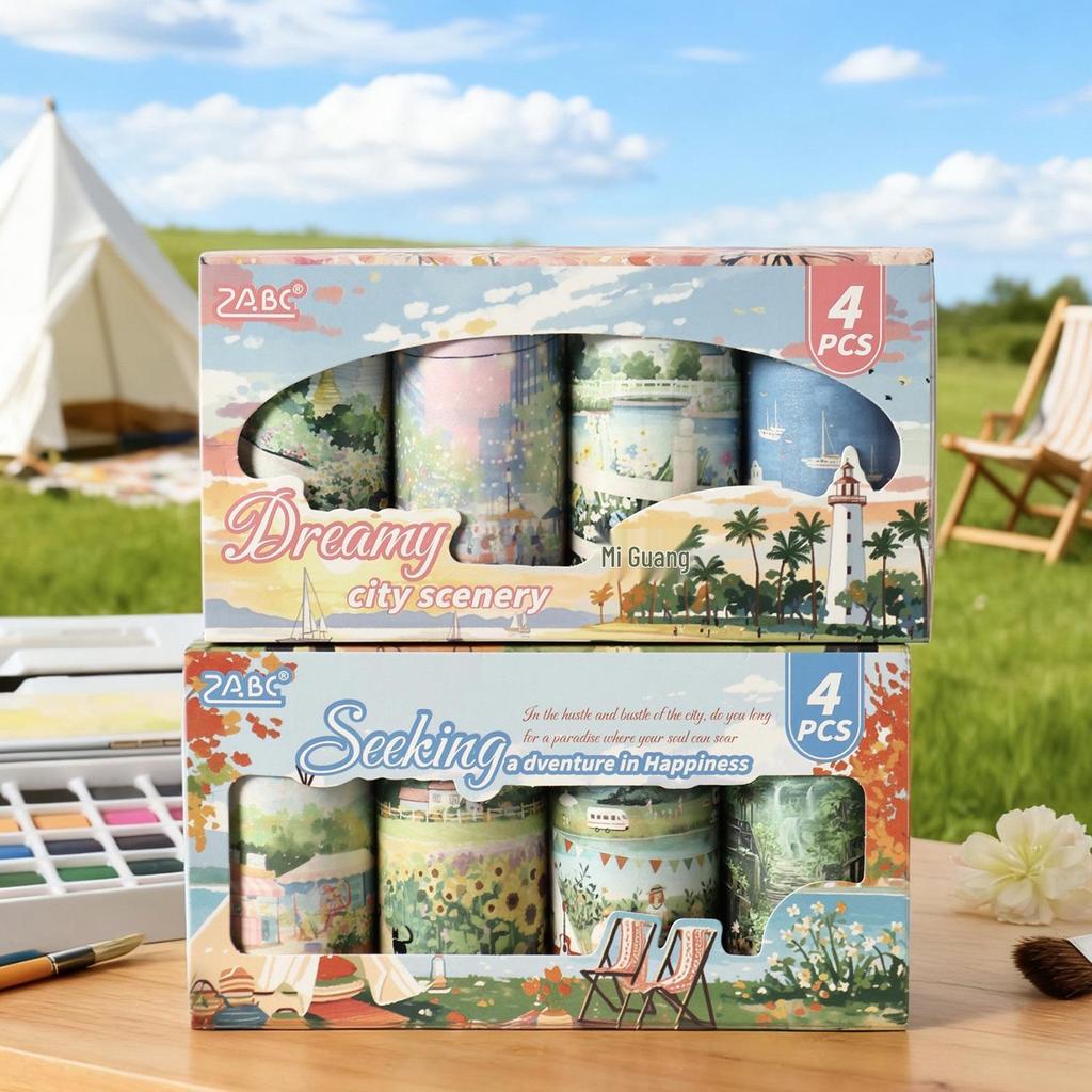 ZABC Landscape Series Adhesive Tape Set: DIY Journal Decoration, 2 Styles, 4 Rolls Included.