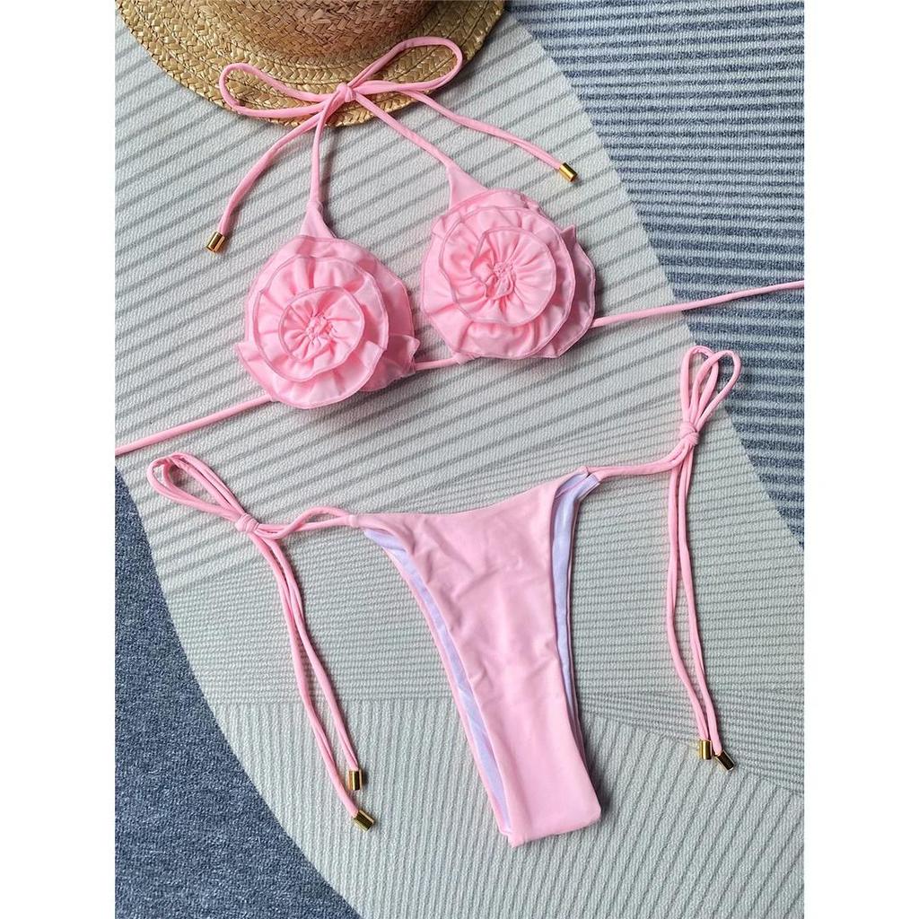 Halter 3D Flowers Mini Micro Thong Bikini Women Swimwear Female Swimsuit Two-pieces Bikini set Bather Bathing Suit Swim
