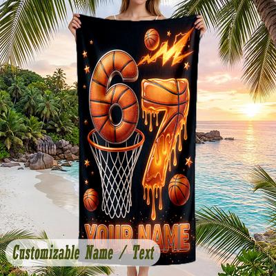 Basketball Theme Beach Towel Personalized Custom Name & Text Soft Quick Dry Beach Towel for Swimming Travel