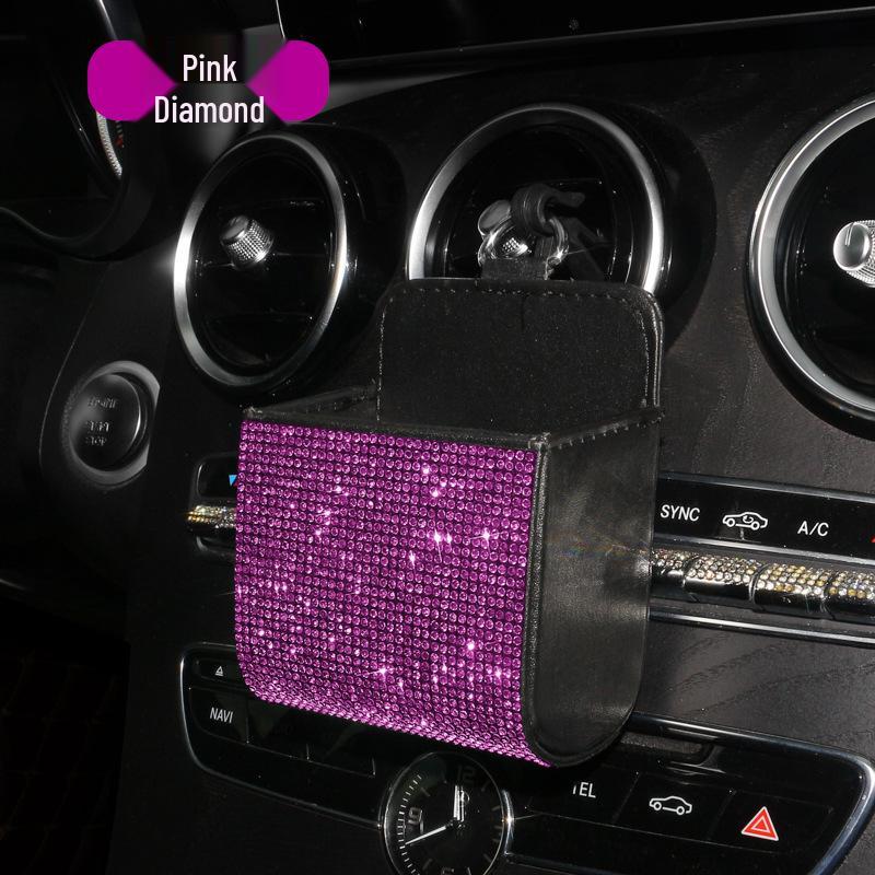 Rhinestone Leather Car Air Vent Organizer Bag - Multifunctional Lambskin Storage Box
