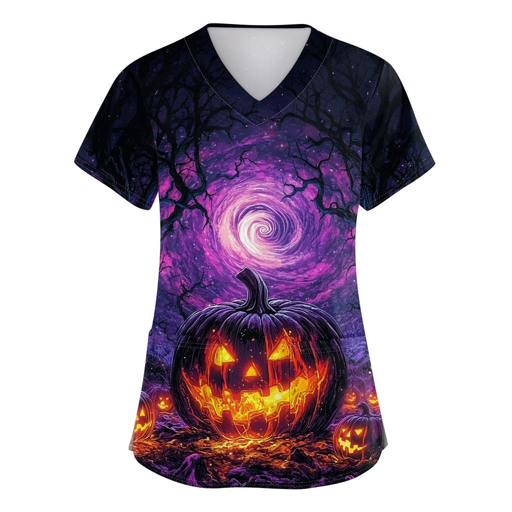 Women's V-neck Halloween Printed Short-sleeved Pocket Side-slit Protective Suit Top