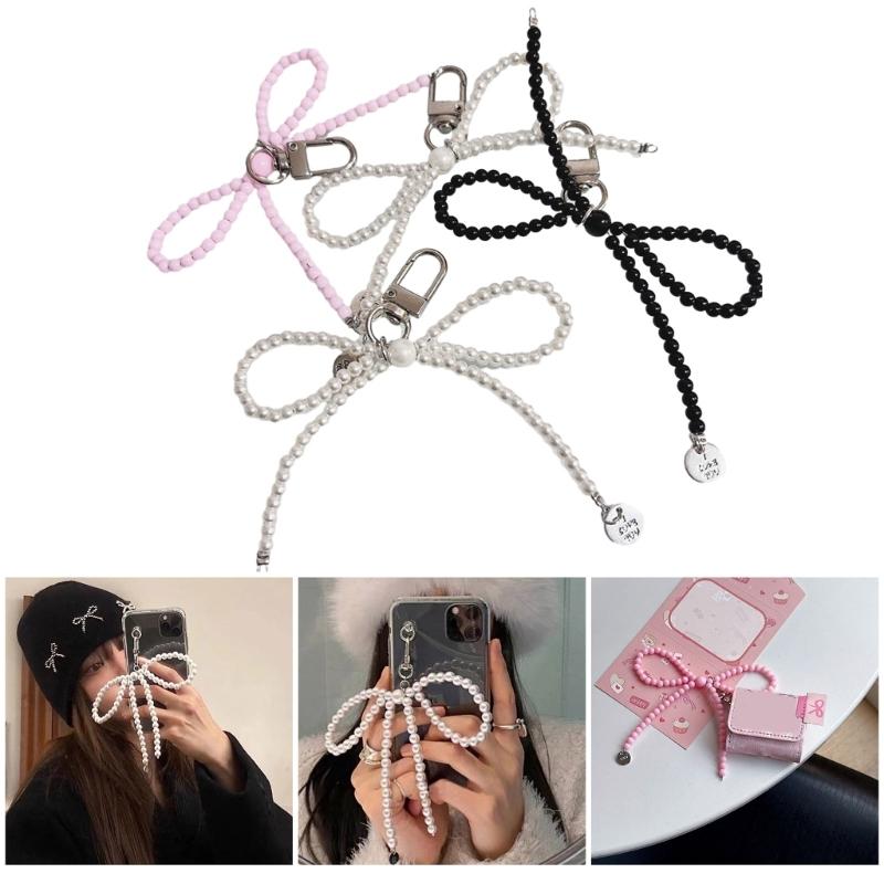 Fashion Pearl Beaded Bowknot Keychain Pendant Sweet Cool Decorations Keyring Charm for Purse Bag Backpack Handbag
