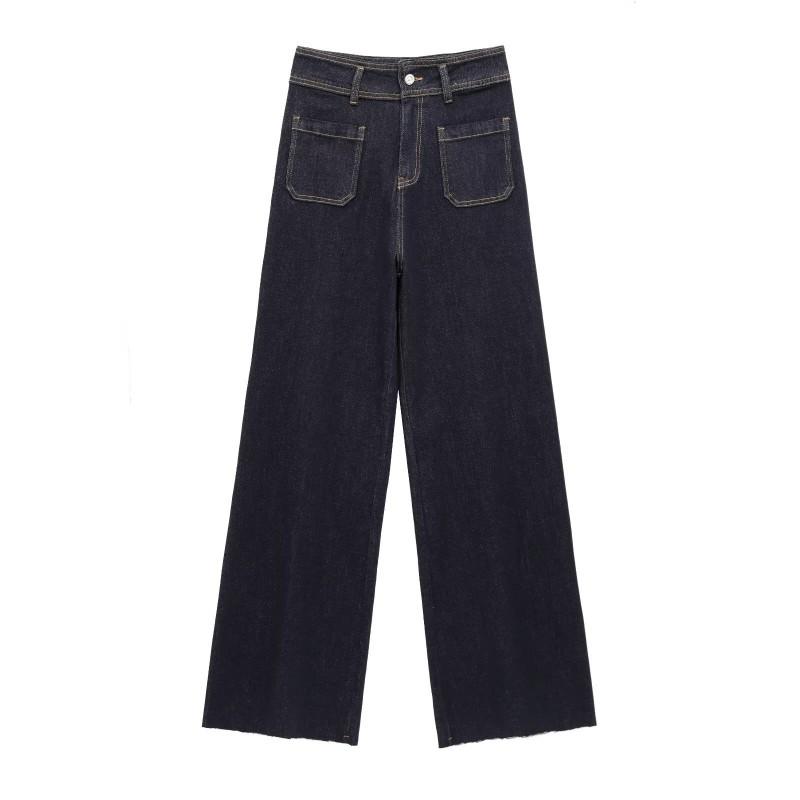 Womens High Waist Wide Leg Jeans Street Style Pocket Denim Pants