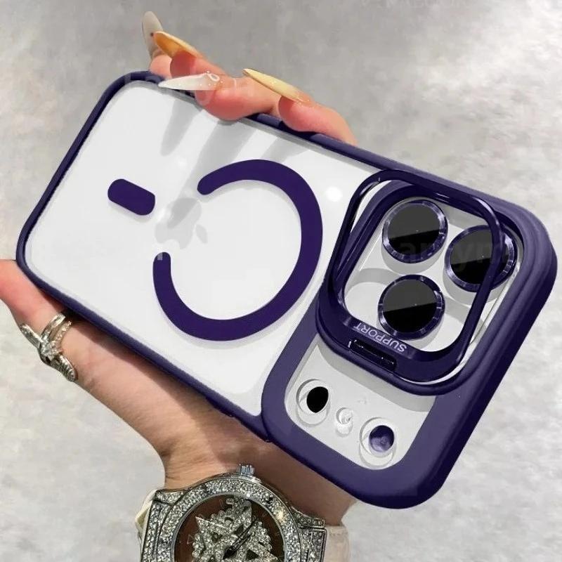 Luxury For Magsafe Magnetic Clear Phone Case For iPhone 17 Air 16 15 14 Plus 13 12 17 Pro Max Stand Glass Lens Protector Cover