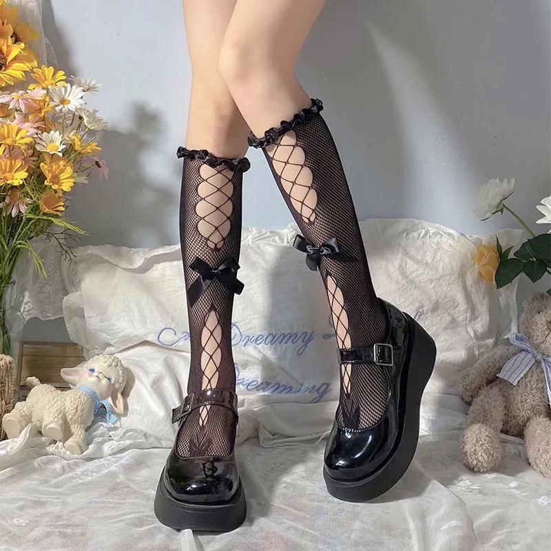 Bow Lace Hollow Out Cute Lolita Jk Sexy Fishnet Knee-High Stockings For Women