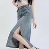 Korean-Style High-Waist Denim Midi Skirt for Women - Spring/Summer A-Line with Side Slit