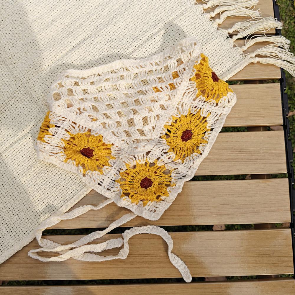 Retro Knitted Triangle Headband Handmade Crochet Hollow Floral Bandana French Sweet Hair Scarf Kerchief Korean Photo Headscarf