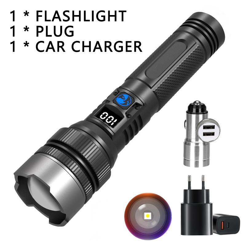 Powerful LED Flashlight Type-c Rechargeable Telescopic Zoom Torch Electric Display High Brightness Waterproof Lighting Torch