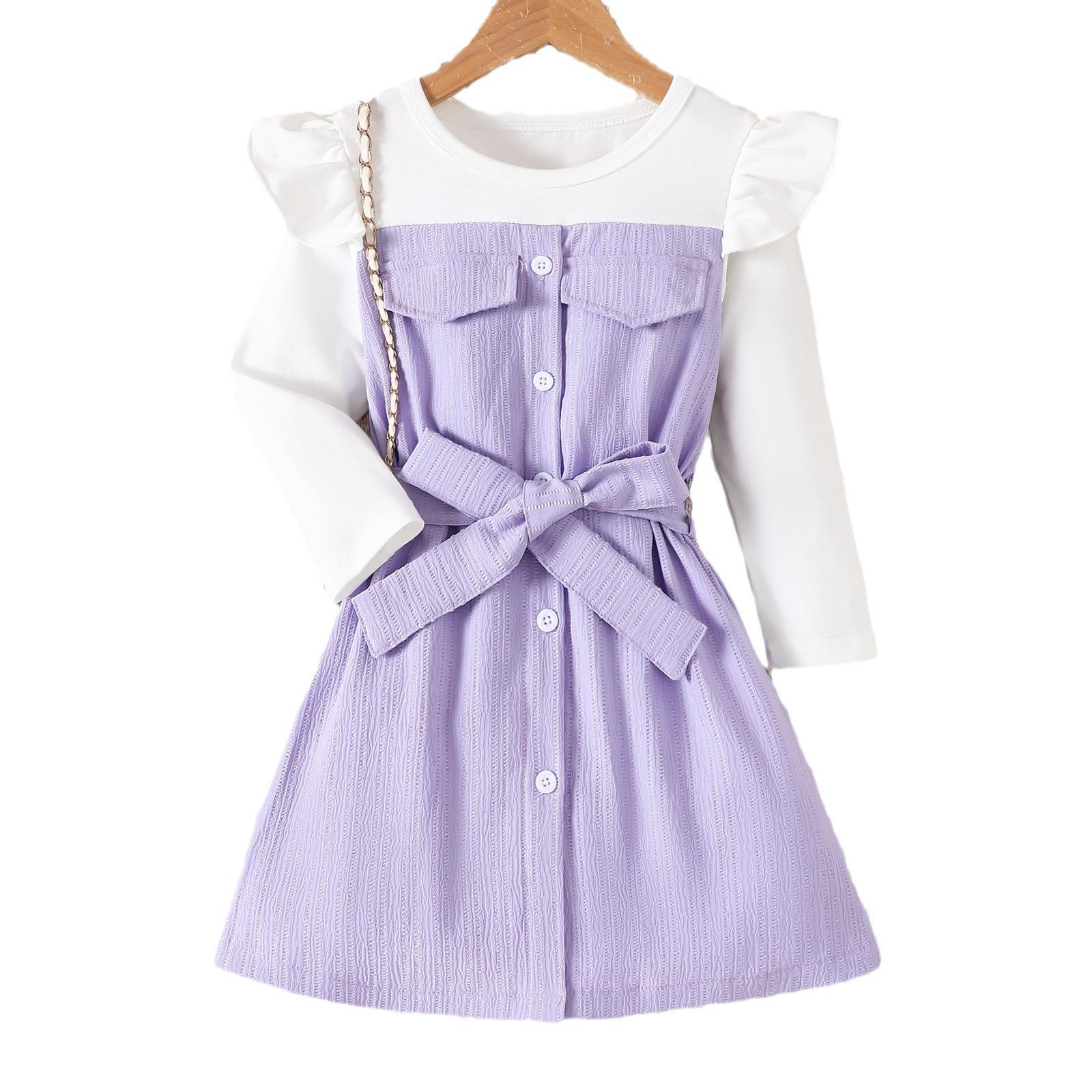 

Платье принцессы для девочек, летнее детское повседневное платье с длинным рукавом и цветными блоками 2-3Y светло-фиолетовый