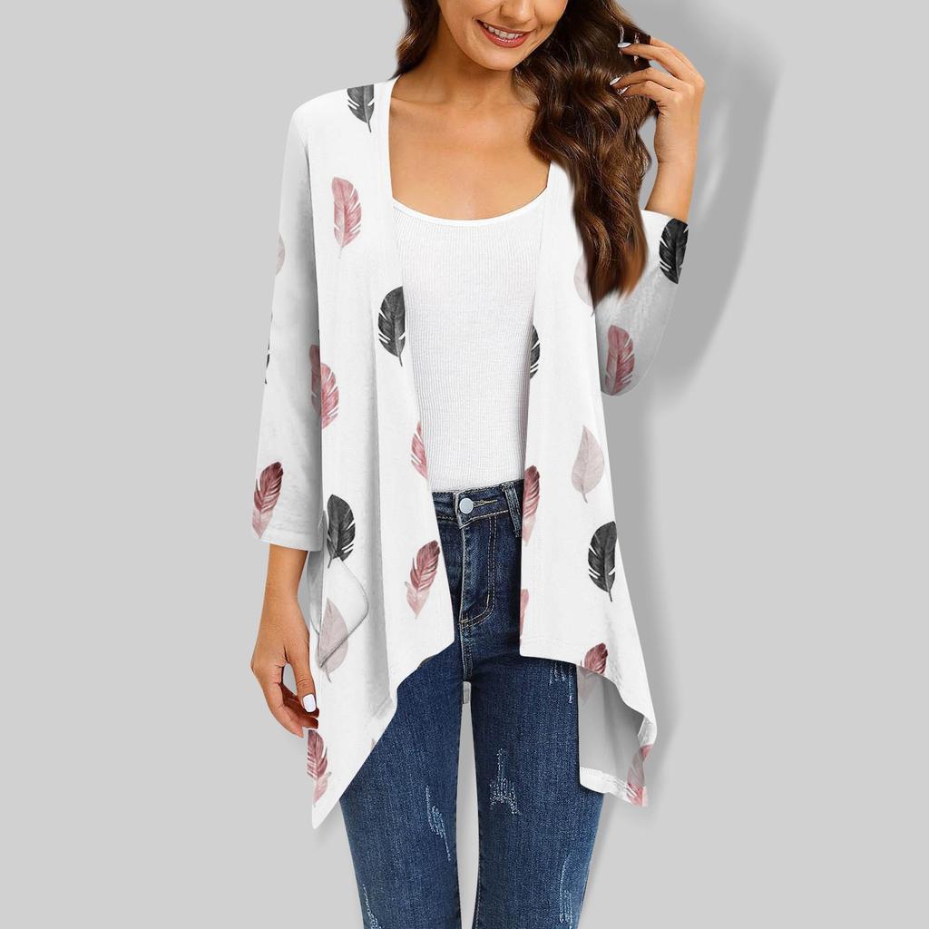 Women's Floral Print Irregular Three-quarter Sleeve Cardigan With Pocket Jacket