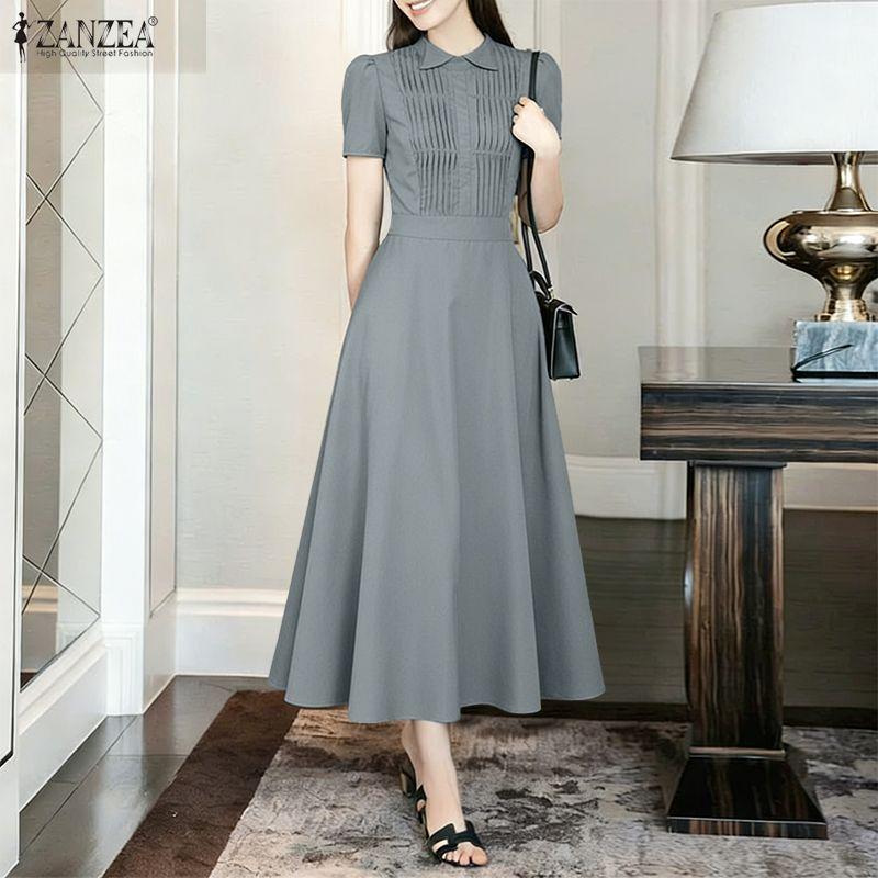 ZANZEA Women Summer Turn Down Collar Short Sleeve Elegant Casual Dress