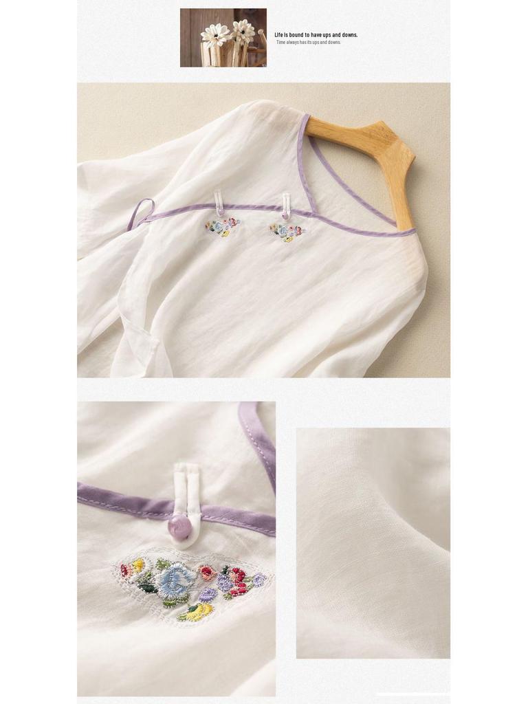 2024 Women's Cotton-Linen Embroidered Short Sleeve Shirt with Oblique Collar