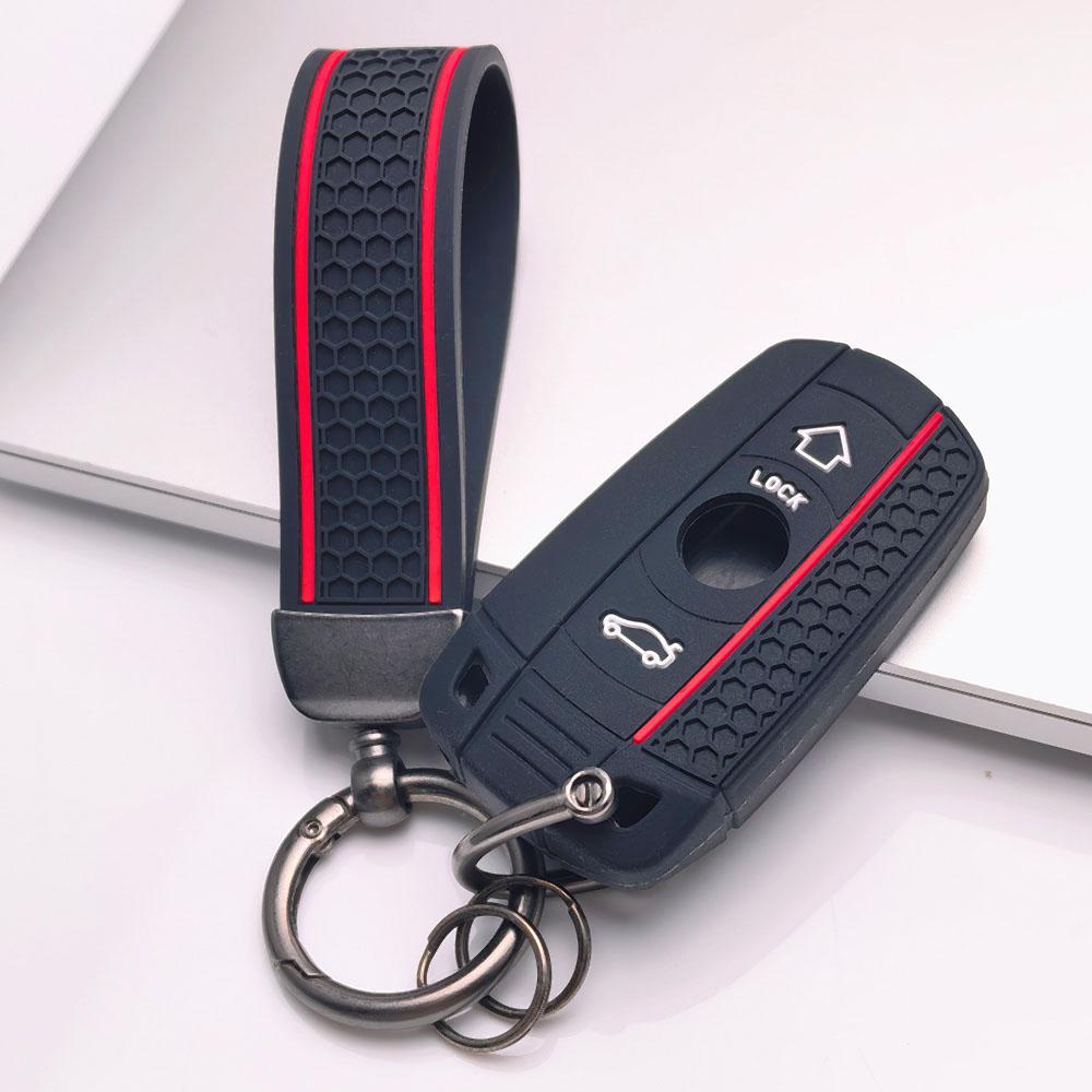 Silicone Car Key Fob Cover with Matching Keychain Compatible with BMW 1 3 5 Series X1 X3 X5 Z4 E90 E91 E92 E60 E61 E87 E84 E83 E70 E89 Provides a