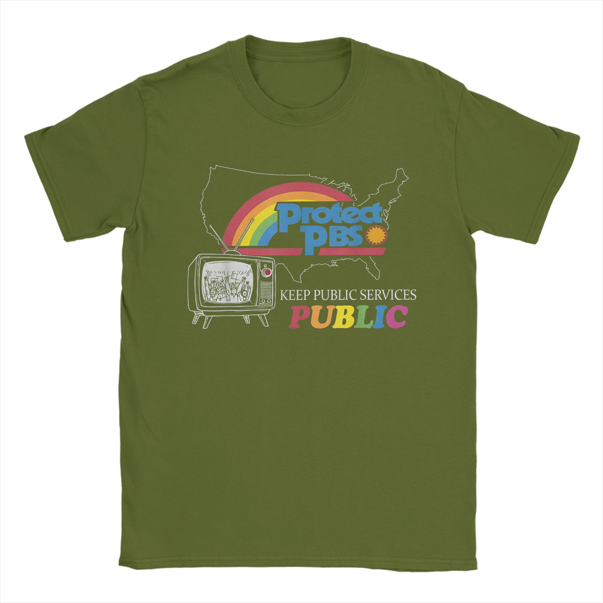 Защитите PBS Save Public Broadcasting Service Мужские футболки Rainbow Awesome Tee Футболка с круглым вырезом 100% хлопок Уникальный товар S армия зеленый
