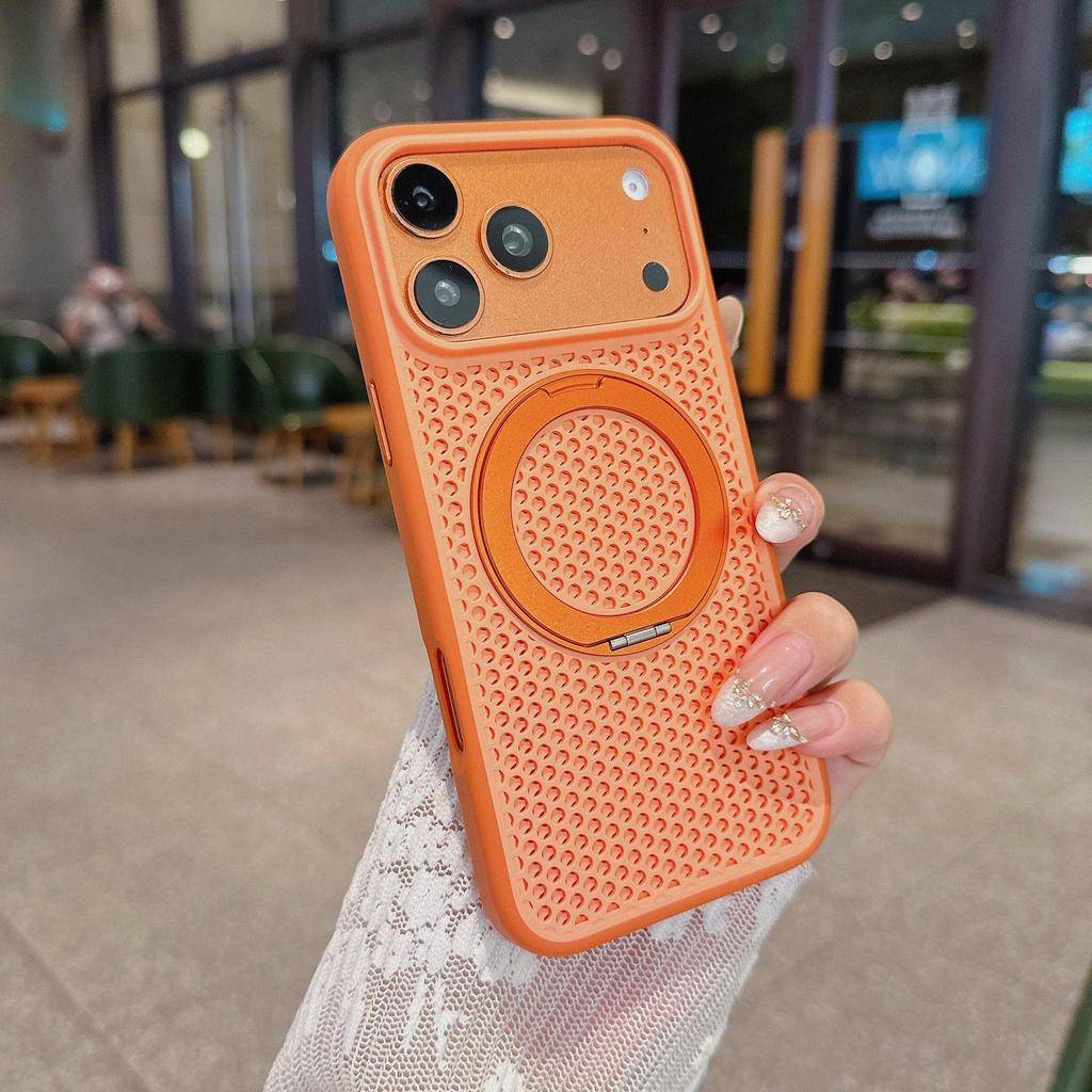 Magnetic Phone Case for iPhone 17 Pro Max with Honeycomb Heat Dissipation, 360° Rotating Stand, and Full Protection.