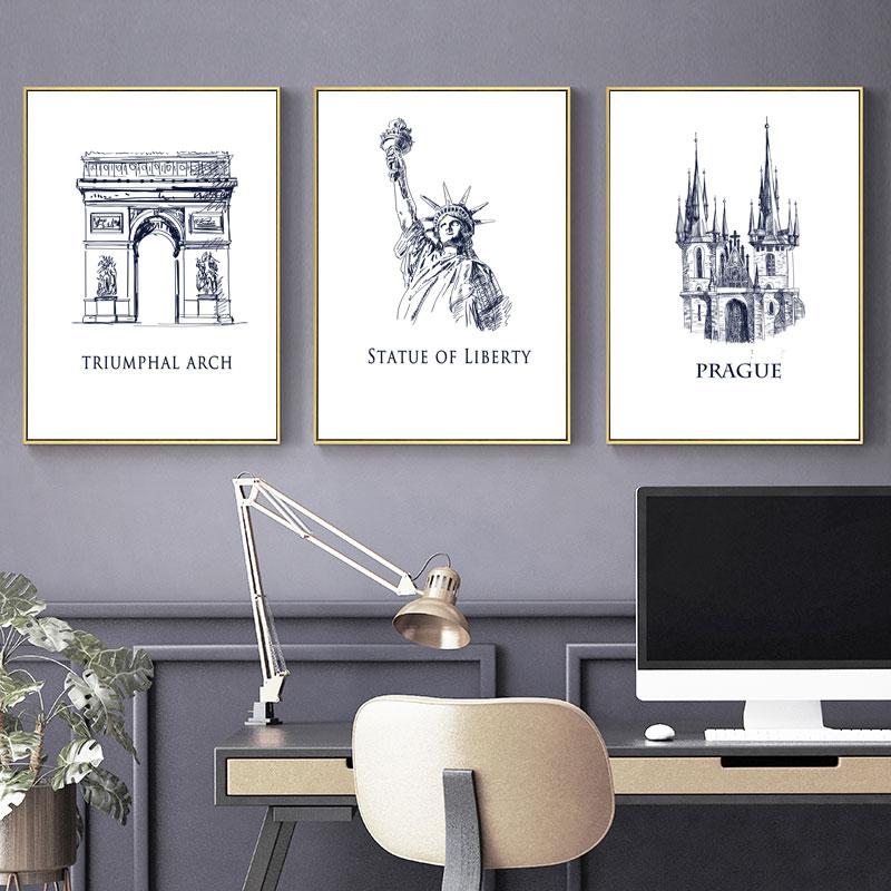 Black White Travel Poster Retro City Landscape Print Canvas Painting Nordic Wall Art Home Decor