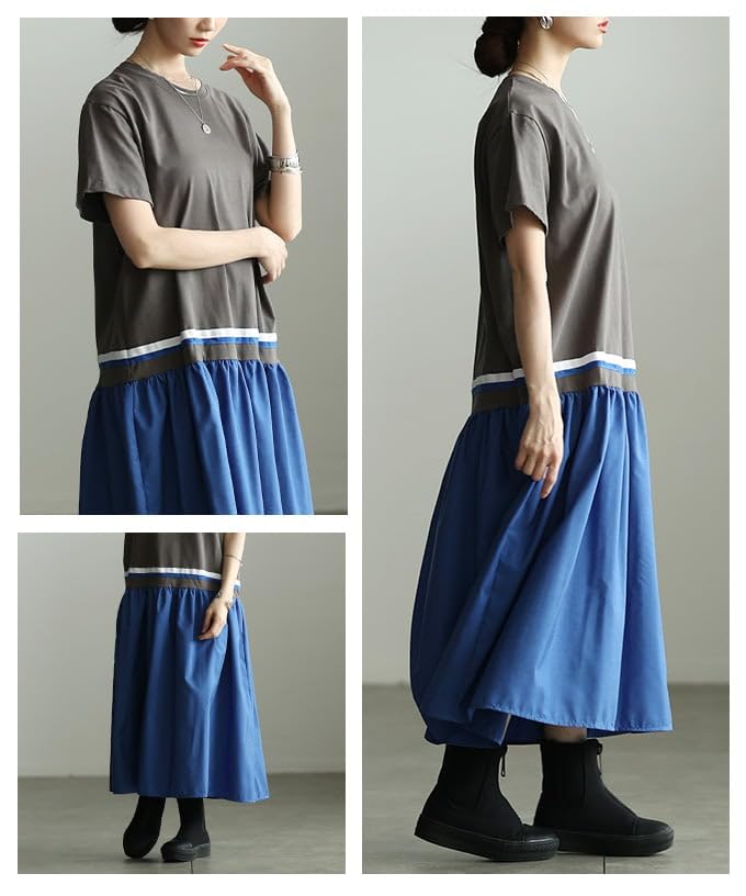 la Contrast Color Cotton Dress for Women Long Short Free Gray [sawa á mode] - Length, Sleeves, Figure-Flattering, Casual, Spring/Summer, Spring/Summer