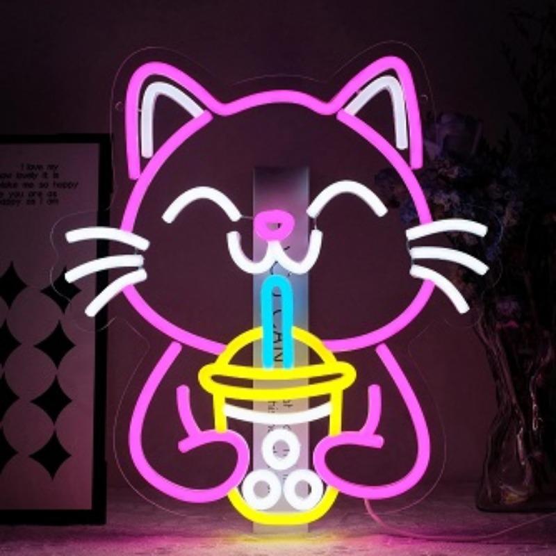 Boba Tea Neon Sign Cat Beer Neon Sign Bubble Tea Shop Sign Led Wall Decor Dimmable Room Decoration Dessert Shop Bar Club USB