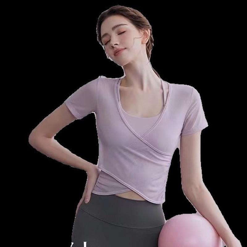 Womens Yoga Top With Built-in Pad Short Sleeve Fitness Crop Pilates Gym Workout