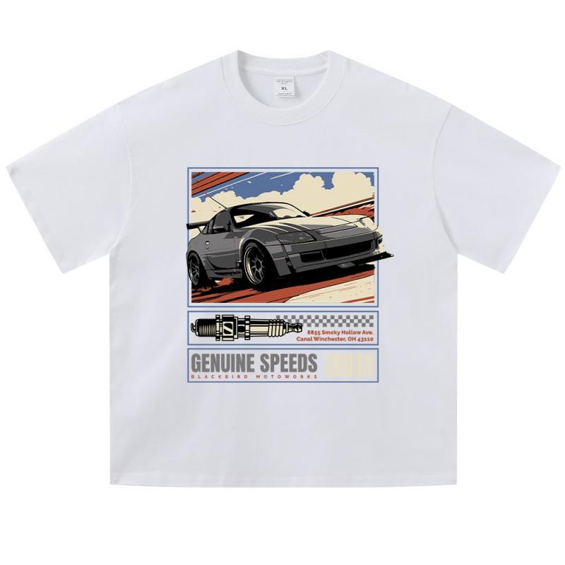 Vintage Comic Racing Car Print Washed Distressed Cotton Tee Loose Fit Drop Shoulder Short Sleeve Mens T-Shirt