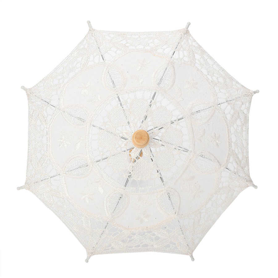 In Stock Handmade Lace Umbrella Silk Cloth Lace Flower Embroidery Parasol Wedding Bride Photography Umbrella White Beige Color