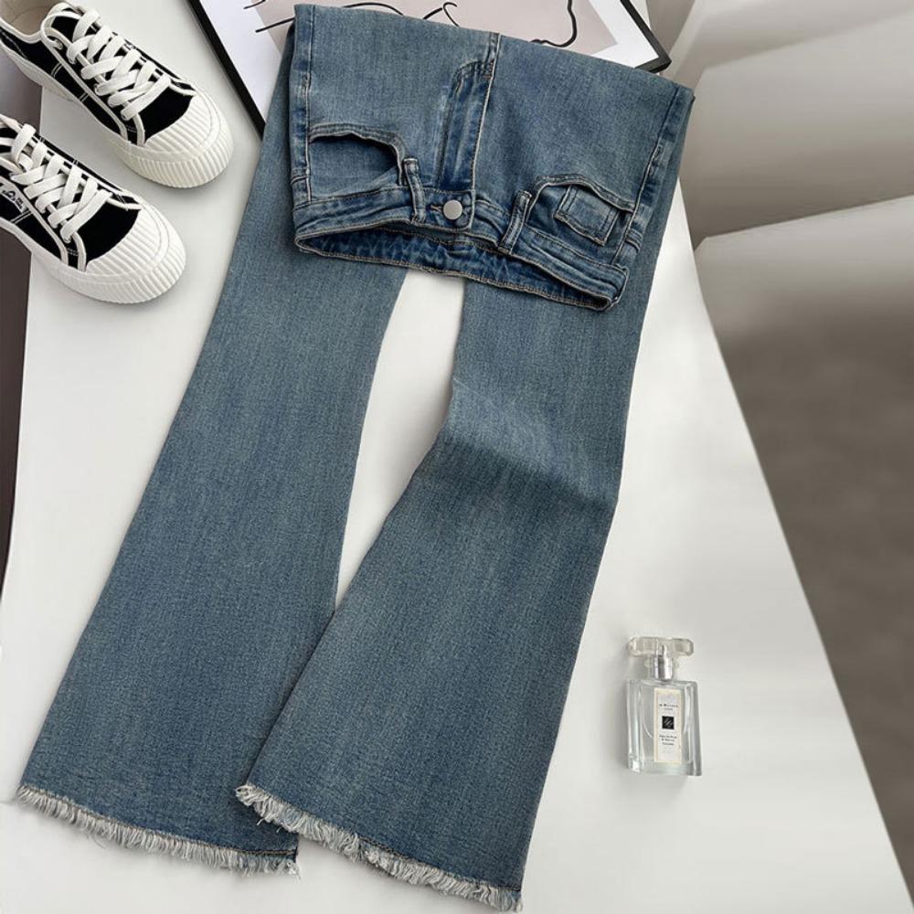 High-waisted Stretch Slim-fit Straight Horseshoe Trousers with Rough Edge and Floor Flares