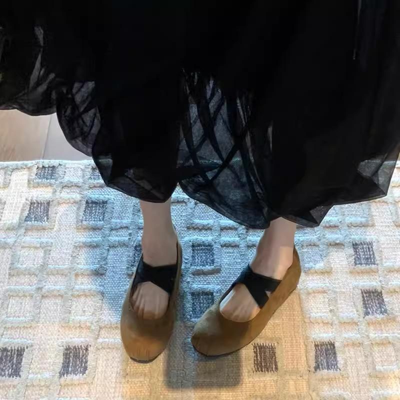 Sheepskin version! Single shoes women's round head, light mouth inner height-increasing flats, cross straps, khaki soft-soled ballet shoes