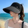 Summer wide-brim sun hat, ponytail hole design, breathable mesh, lightweight for beach vacations.