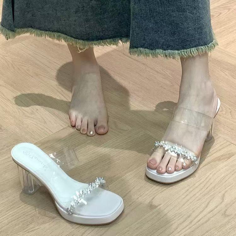 

2025 лето новый ветер одно слово стразы женские тапочки большого размера квадратный нос толстый высокий каблук 42