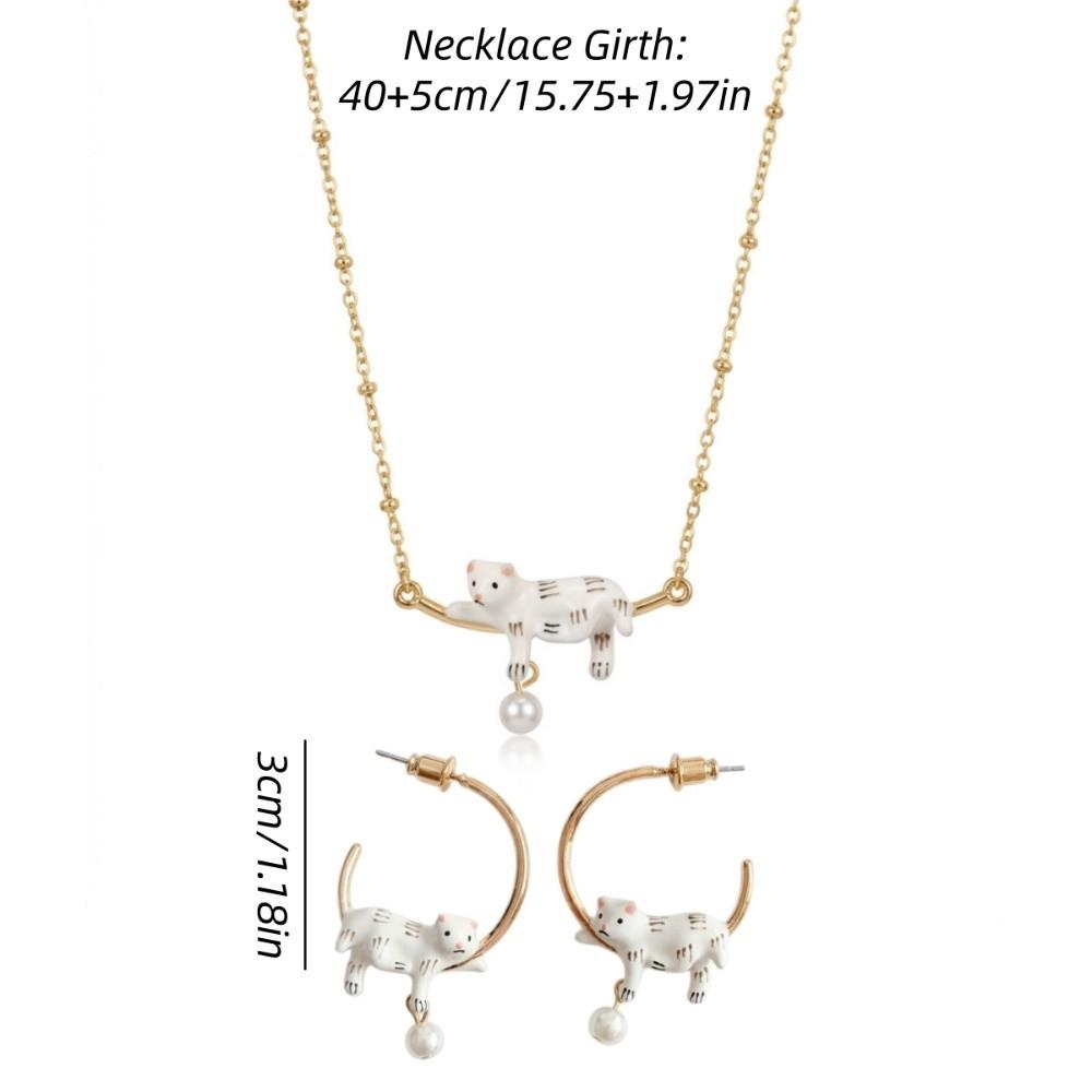 Aesthetic Pearl Pendant Necklace Animal Design Cat Neck Chain Enamel Cat Hoop Earrings Girls