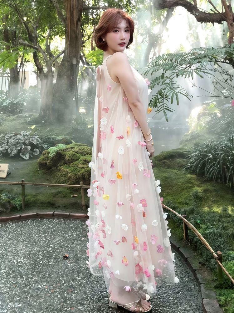 Women's Sleeveless Halter Neck Dress with 3D Floral Lace - Spring/Summer Fairy Style Beach Dress