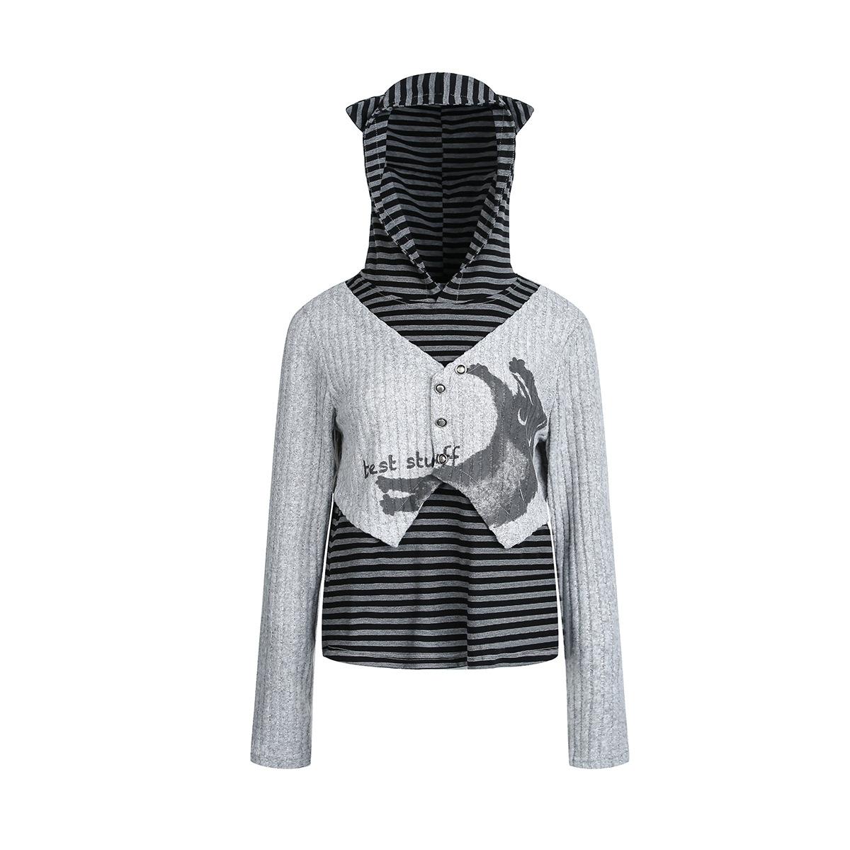 American college style devil ears striped sweater fake two-piece splicing bottoming shirt S серый