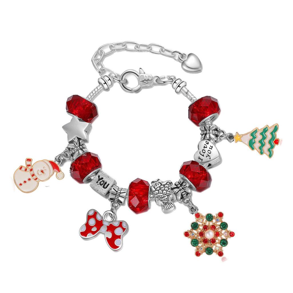 Handmade Santa Claus Snowman Beaded Christmas Tree Bracelet - Festive Holiday Jewelry Gift