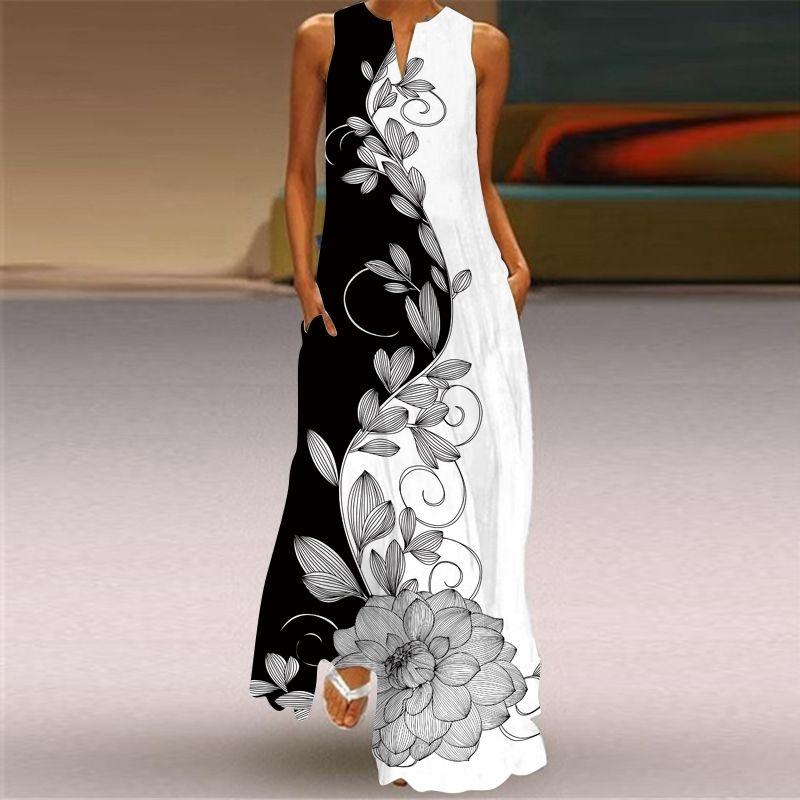 

Black and White Print Dress Retro Ethnic Style Stage Catwalk Temperament Long dress Summer Thin Sleeveless Cheongsam