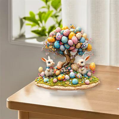 Colorful Easter Eggs And Flower Design Rabbit Decoration - Easter Spring Desktop Ornament for Home And Office