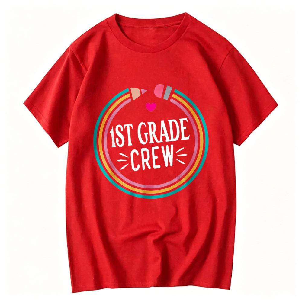 st Grade Crew Rainbow Circle Pencil Heart Graphic TShirt Teacher Student Back To School Casual Cotton Short Sleeve Basic Tops