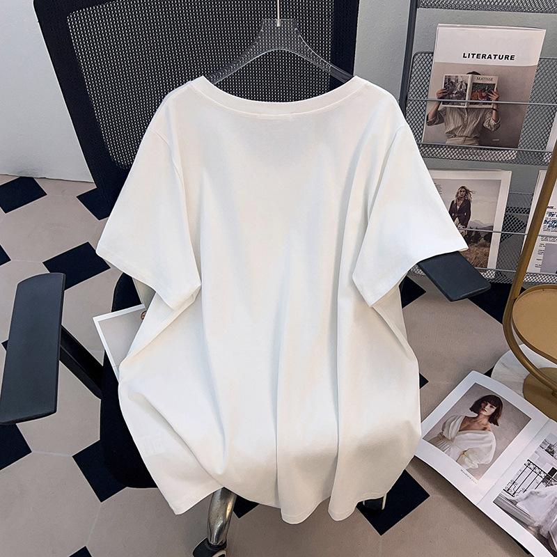 Women's Plus Size V-Neck Short-Sleeve Loose T-Shirt (Mid-Length, 200-350 Jin)