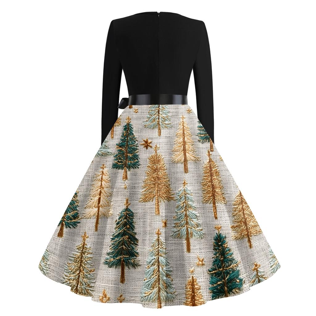 Women's Casual Vintage Christmas Print Neck Dress for Holiday Party